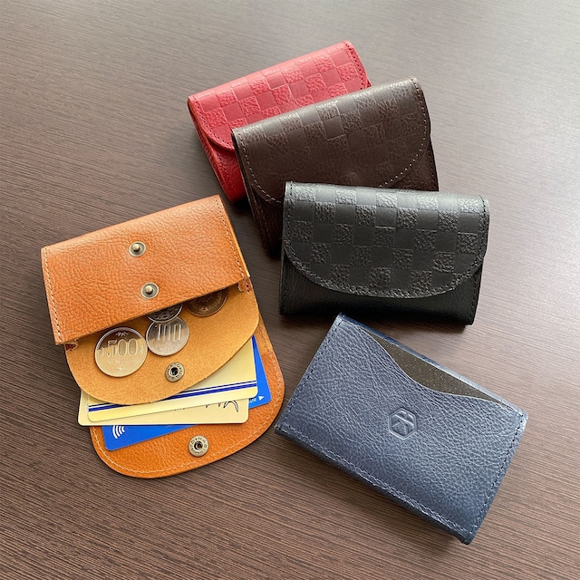 市松×牛革 カードケース 小銭入れ  ミニ財布 コンパクト財布