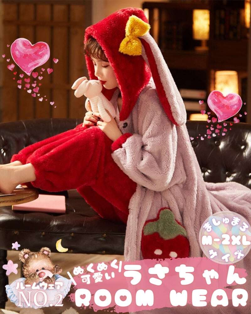 M-2XL】大きいサイズルームウェアいちご❤︎Fleece strawberry night  