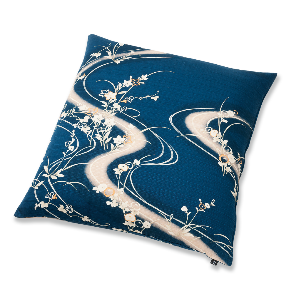 民芸 座布団(カバーのみ)流水草花 BB(紺)55×59