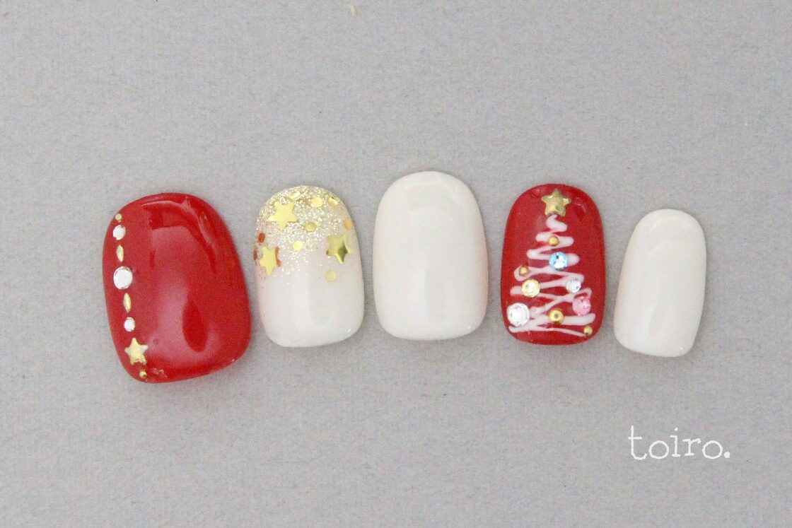 送料無料】サイズオーダー制・クリスマスツリーのネイルチップ【ジェル
