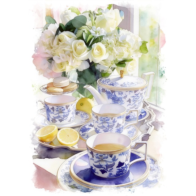絵画 花(フラワー) 花瓶の花とティーカップ インテリアアート額付き 水彩画・油絵風 WAT0862