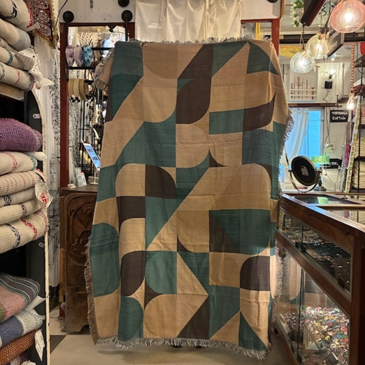 TOPANGA Homefurnishing Mod mosaic throwket　モッドモザイクスローケット　130×180cm　ブルー　オレンジ　アイボリー　ミッドセンチュリー　モダン　ジオメトリック　幾何学模様　ソファカバー　ベッドカバー　ブランケット　カーテン