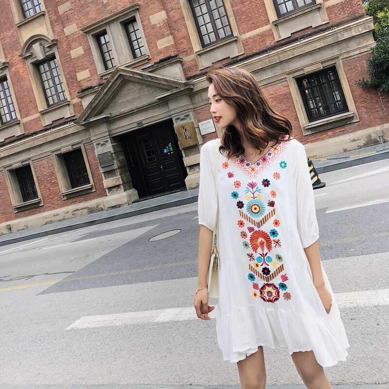 サマーショートスカート エスニック刺繍ドレス 夏物 ビーチ 延命家ファッション5686574