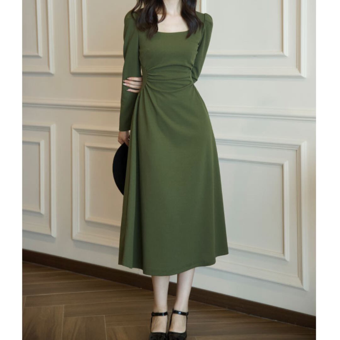 スクエアネック ウエストシェイプ ミディ丈ワンピース 00559