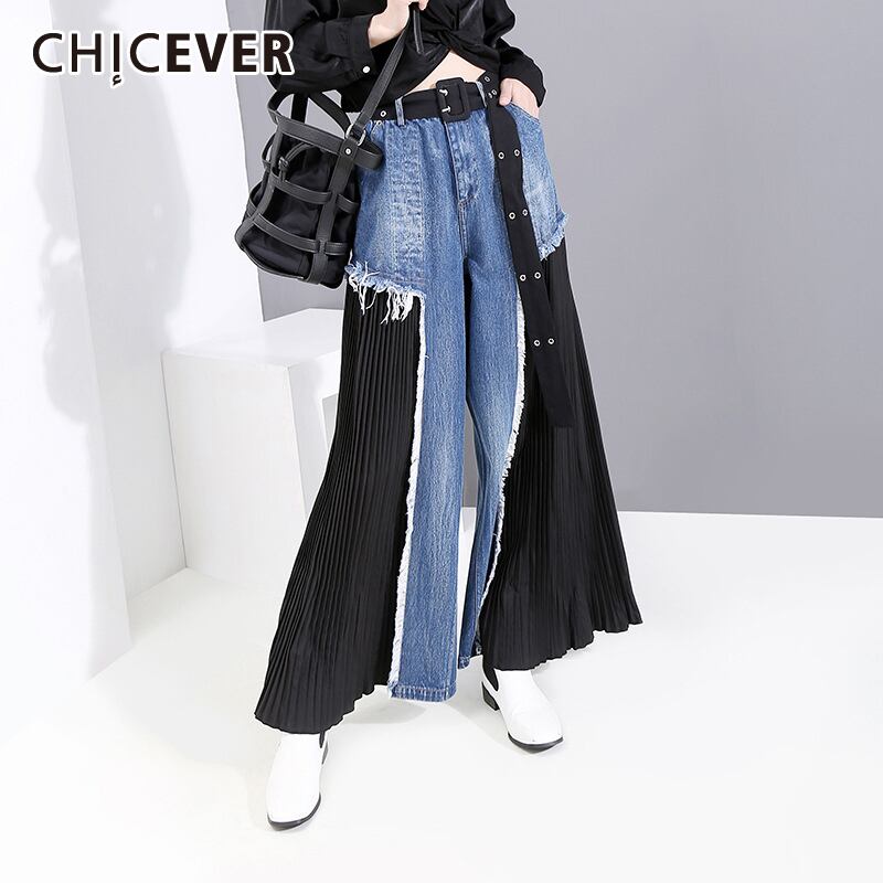 CHICEVERブルーパンツレディースウエストドローストリングパッチワークホール特大ストリートウェアワイドレッグパンツ2020 ワイドパンツ 6base523430664666