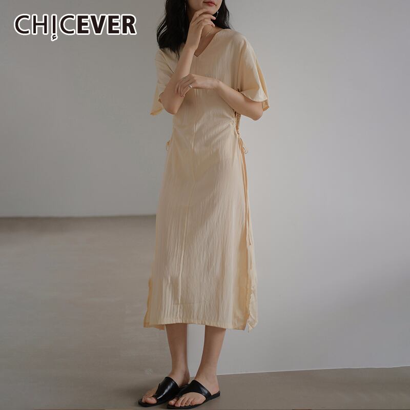 CHICEVERホローアウトレディースドレスVネック半袖ウエストレースアップボウサイドスプリットドレス2020年夏 ショート リボン ハーフスリーブ サマー 夏物 6base595415501845