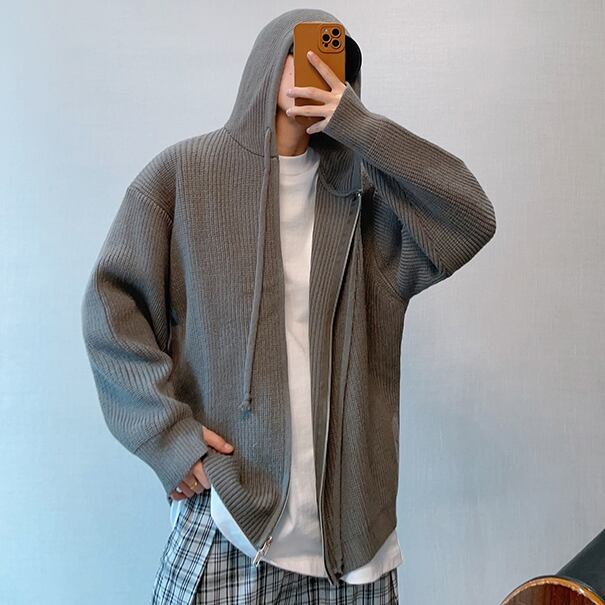 【予約販売】カーディガン ニット パーカー セーター 無地 指穴 フード付き メンズ グレー オーバーサイズ こなれ感 ストリート お洒落 韓国 トレンド 秋冬 M/L/XL/2XL