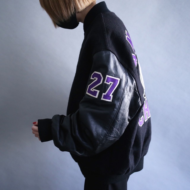 leather sleeve switching back and sleeve embroidery wappen stadium blouson