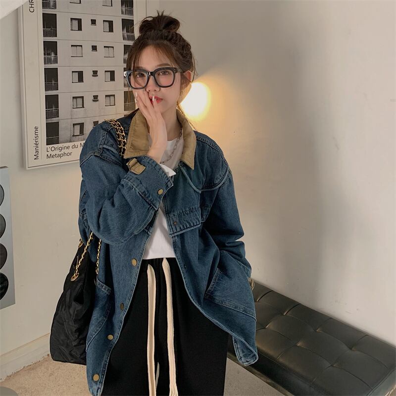 スタイルルーズジャケット オータムダークブルートップス ロング かわいい 秋物 モンロー3948126820