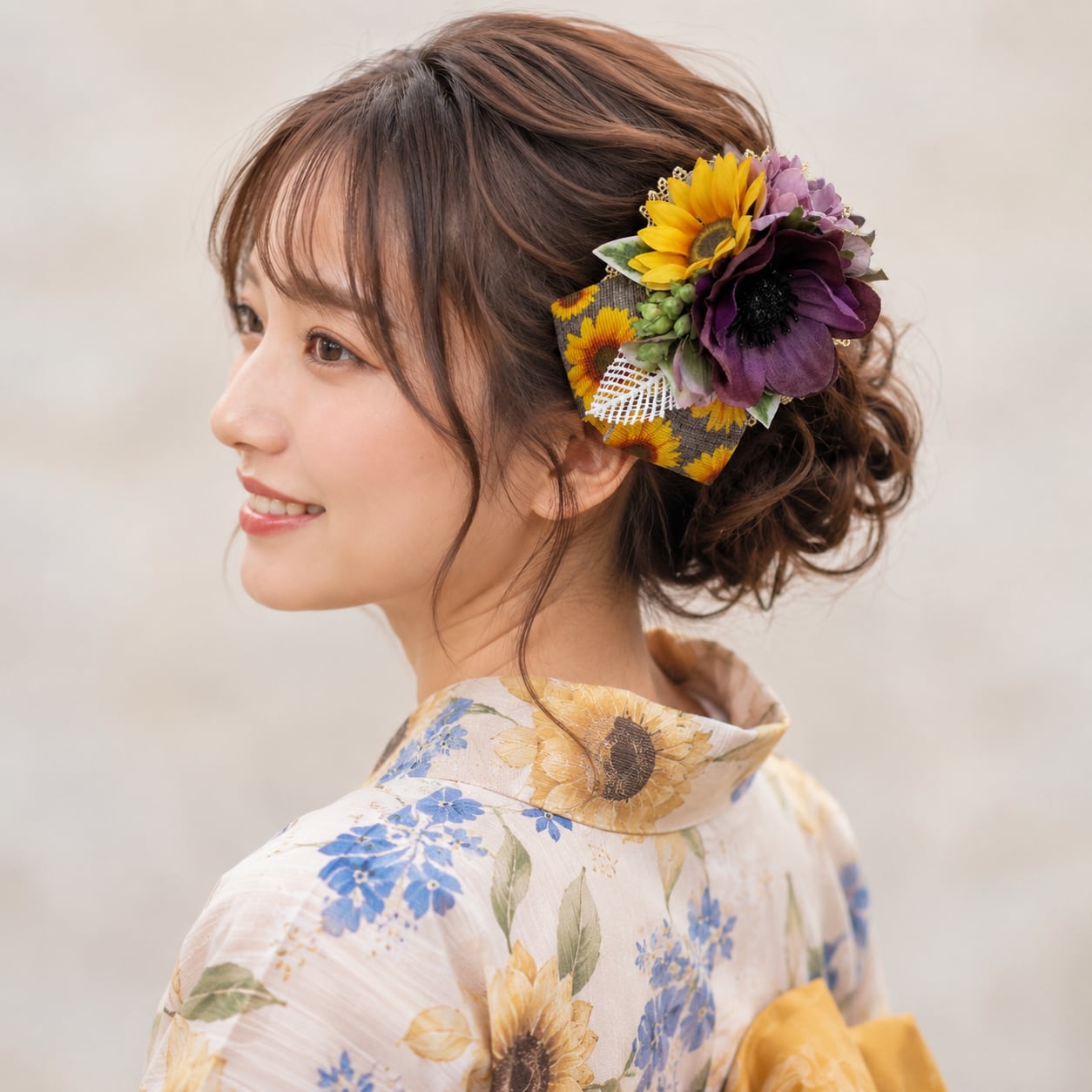 向日葵と紫のアネモネのヘアクリップ ナチュラル リボン 向日葵 おでかけ 浴衣 リボン 髪飾り