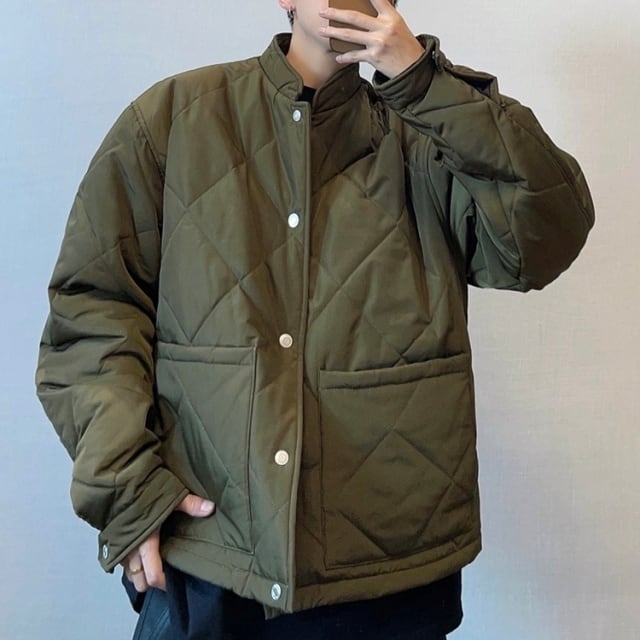 【予約販売】キルティングジャケット ブルゾン メンズ 無地 オーバーサイズ カーキ ショート丈 コート ジャケット メンズ 防寒 お洒落 こなれ感 ベーシック 秋冬 M/L/XL/2XL