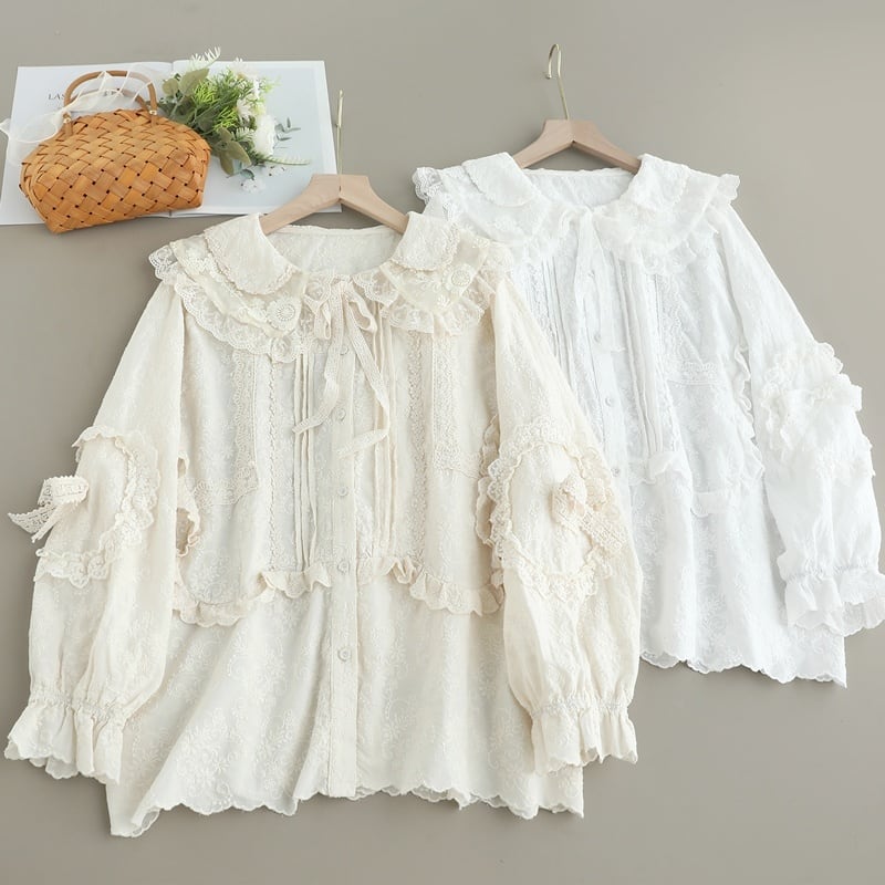 レースリボン装飾スタンドカラーロングスリーブブラウス W1465