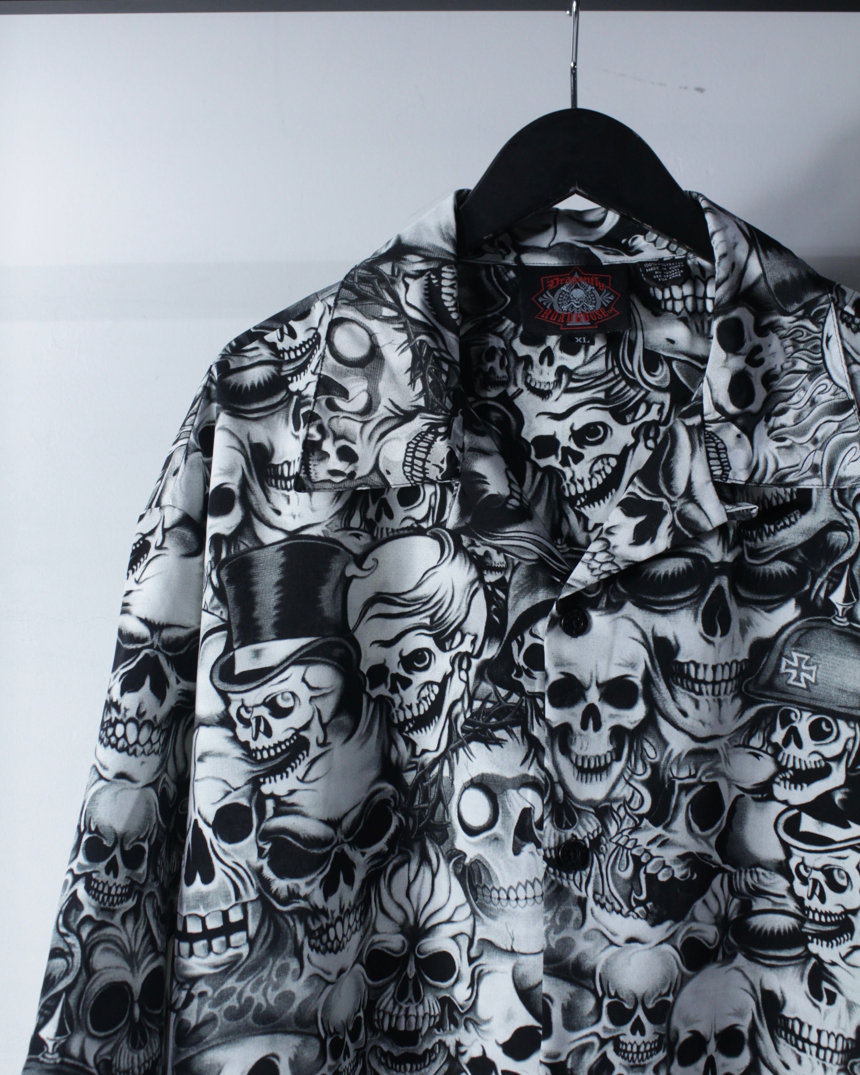 Caka BLACK】Skull Total Pattern Loose S/S Open Collar Shirt | Caka