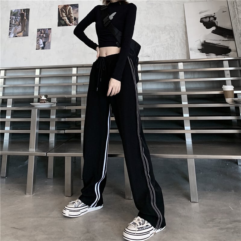 【新作】【送料無料】 65 フィッシュスケールカジュアルパンツ女性用韓国スタイルストライプストレートパンツルーズハイウエストワイドレッグパンツ 0388522299987