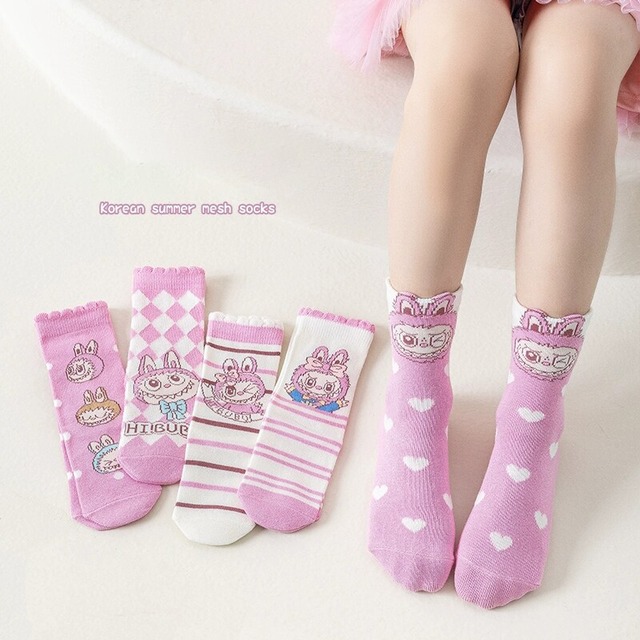 【半額SALE・5足入り】綿80% Labubu 女の子ソックス 綿100% ピンク系プリンセスデザイン ふわふわノンボンシーム 秋用中筒靴下 ♡
