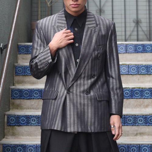 EU VINTAGE STRIPE PATTERNED DOUBLE DESIGN TAILORED JACKET/ヨーロッパ古着ストライプ柄ダブルデザインテーラードジャケット