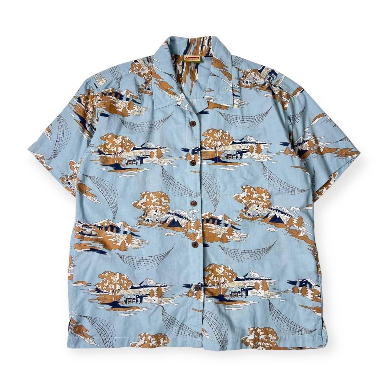 Coleman コールマン キャンプ デザイン レーヨン 開襟 半袖 柄シャツ L/水色系 レディース アウトドア