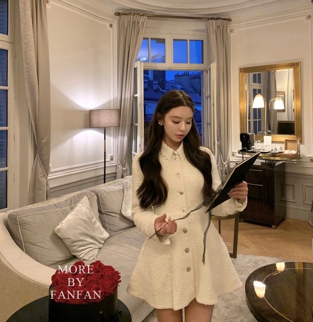 スパンコール混襟付きツイードミニワンピース