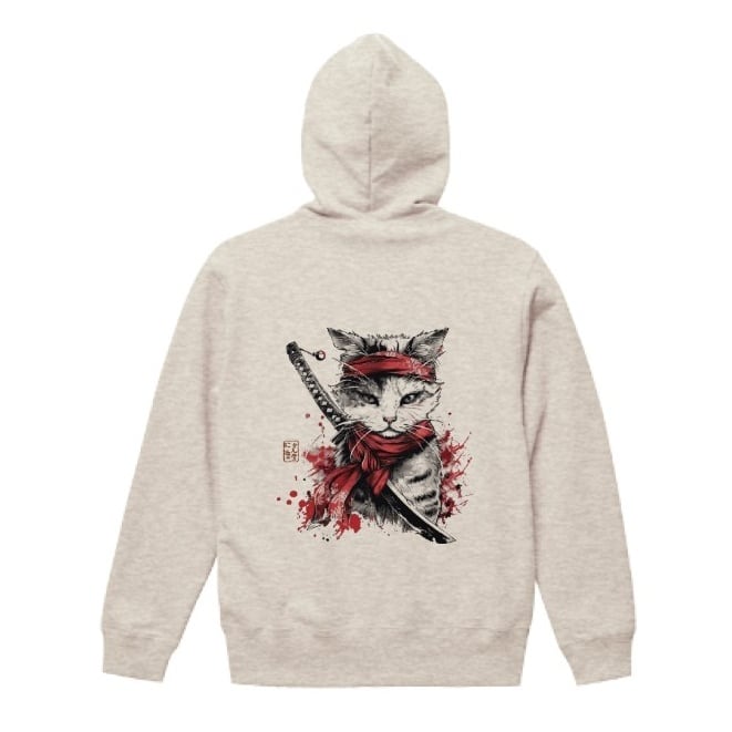 「江戸猫ー鮮烈なる紅と刀の誓い」ジップアップパーカー/"Edo Cat - Vivid Red and Sword Vow" Japanese Art Apparel