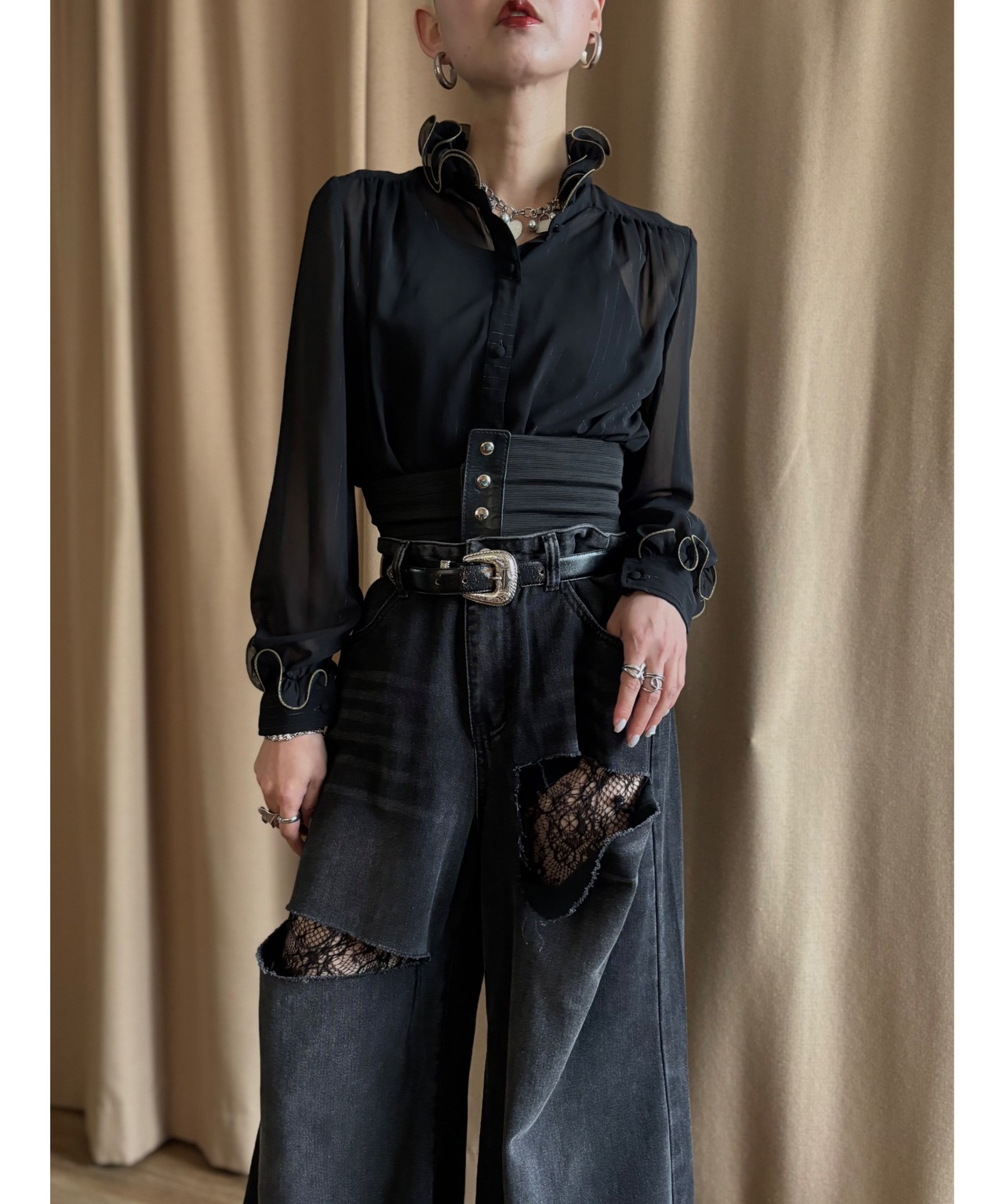 At.e-li-er black sheer shirt-4719-5