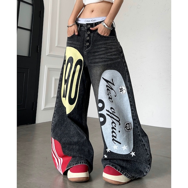 オーバルグラフィックダメージライクカーブデニムパンツ 2col R02531