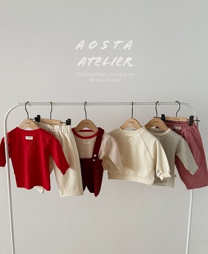 【Aosta】MomentボーダーリブTシャツ レッド 70~100cm