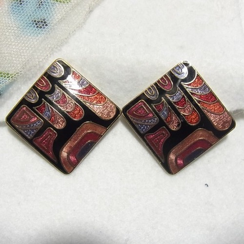エナメル（七宝焼き）の四角いイヤリング　ヴィンテージイヤリングのセール通販  10078E