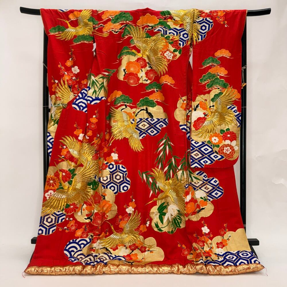色打掛 正絹 鶴 刺繍 赤 打掛 花嫁衣裳 ポリエステル リサイクル 中古 ブライダル ウエディング 着物 6628