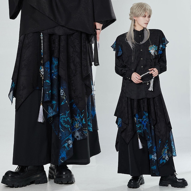 【卿棠---冠骨浮生シリーズ】★チャイナ風ズボン★ ガウチョパンツ ボトムス ユニセックス メンズ 黒 青 切り替え