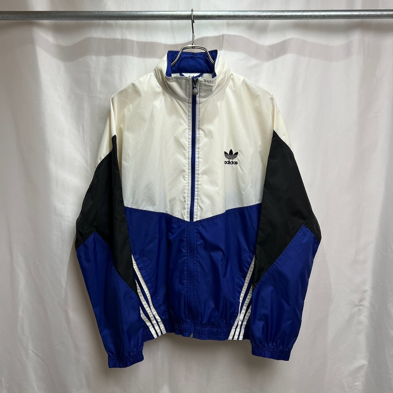 80s〜90s adidas マルチカラー トレフォイルロゴ 隠しフード ナイロンジャケット S