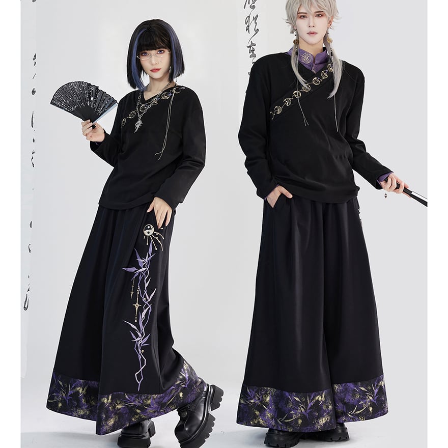 中華ゴシック レイヤード 刺繍入り パンツ ユニセックス 卿棠