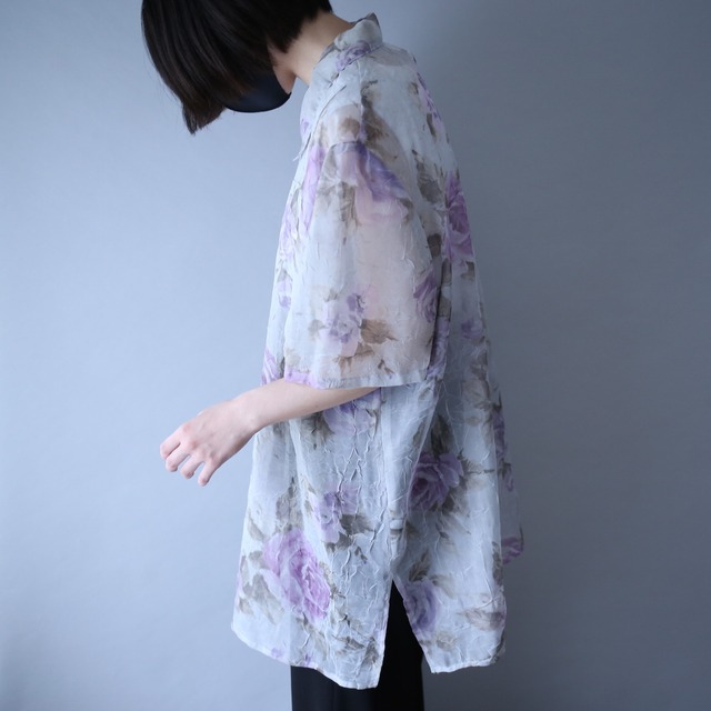 flower art pattern wrinkle fabric h/s see-through shirt