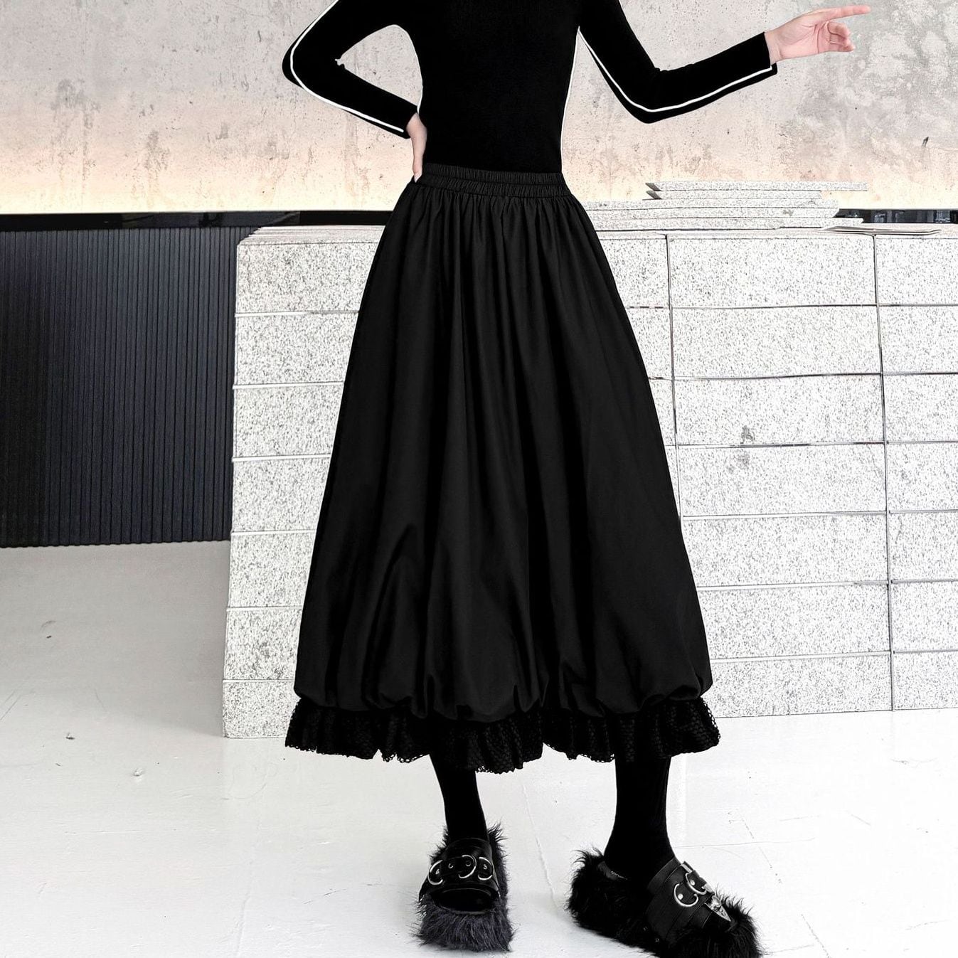 HIGH WAIST LOOSE MESH PANEL FLARED MIDI SKIRT M-18598