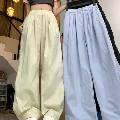 2024春夏パンツ ロング丈 ワイド ストレート ウエストゴム ハイウエスト 美脚効果 脚長効果 細見え 夏 白 黒 青 韓国ファッション レディース かわいい おしゃれ カジュアル お出かけ