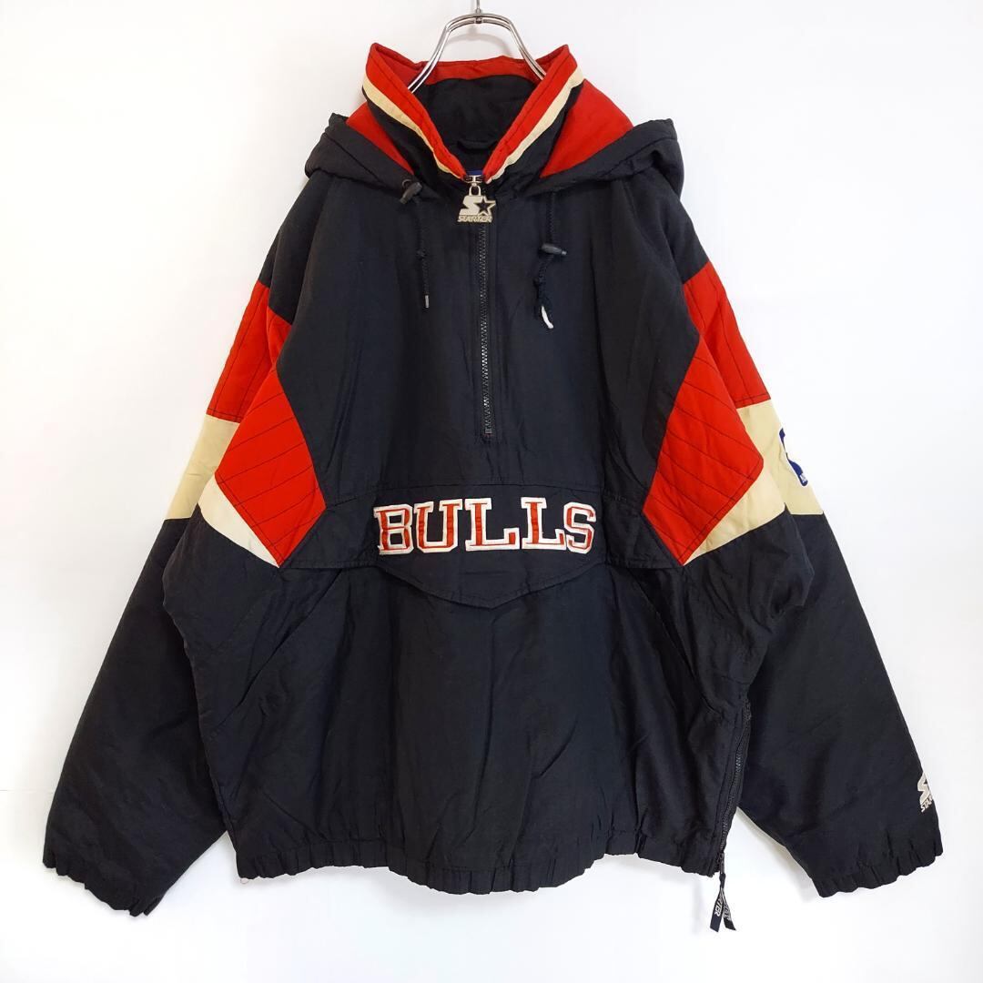 90s スターター ブルズ NBA ハーフジップ中綿ナイロンジャケット 黒 L-
