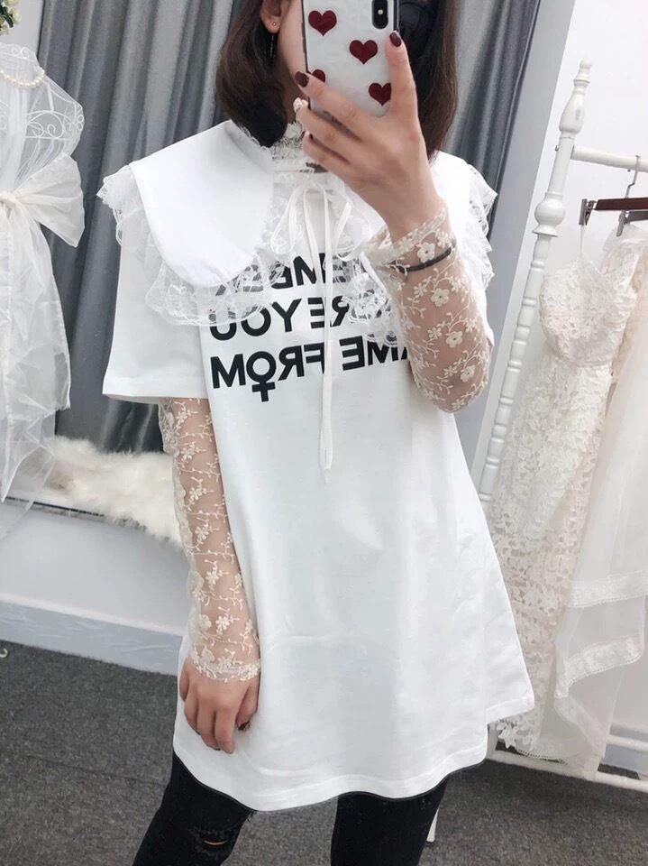 丸襟 デカ襟 トップス Tシャツ カジュアル 付け襟 白 ホワイト レース