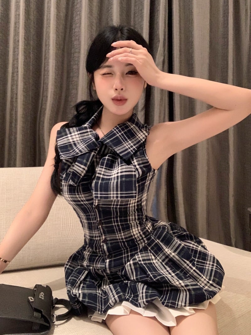S~L♡チェック柄ノースリーブAラインミニワンピース S~L♡チェック柄ノースリーブAラインミニワンピース