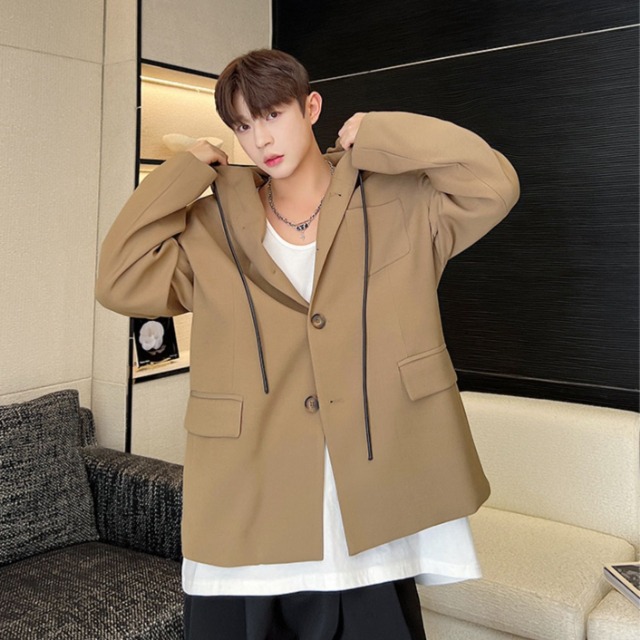 予約販売】ジャケット フード付き 長袖 メンズ 無地 ベージュ シンプル 