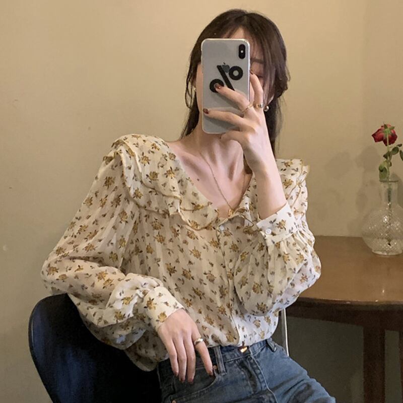 スタンダードフローラルシャツ カラースリーブルーズスタイルトップス ロング レトロ 花柄 萌量不足18205968227