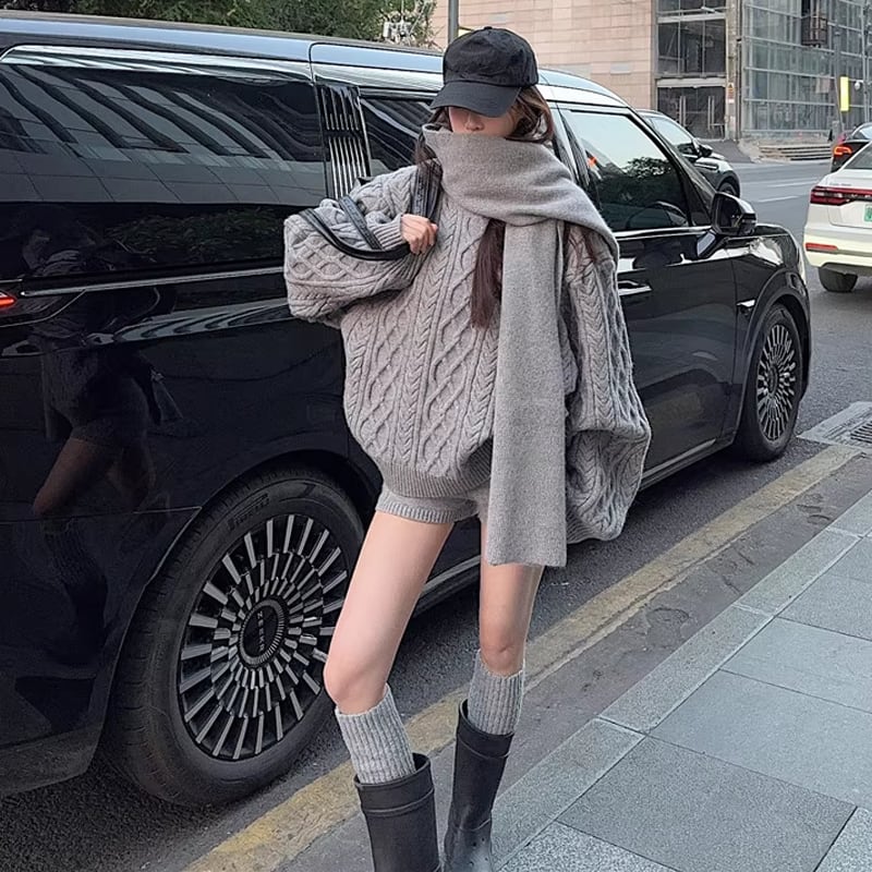 【set】マフラー×ニットトップス×ショートパンツ3点セット Q7244