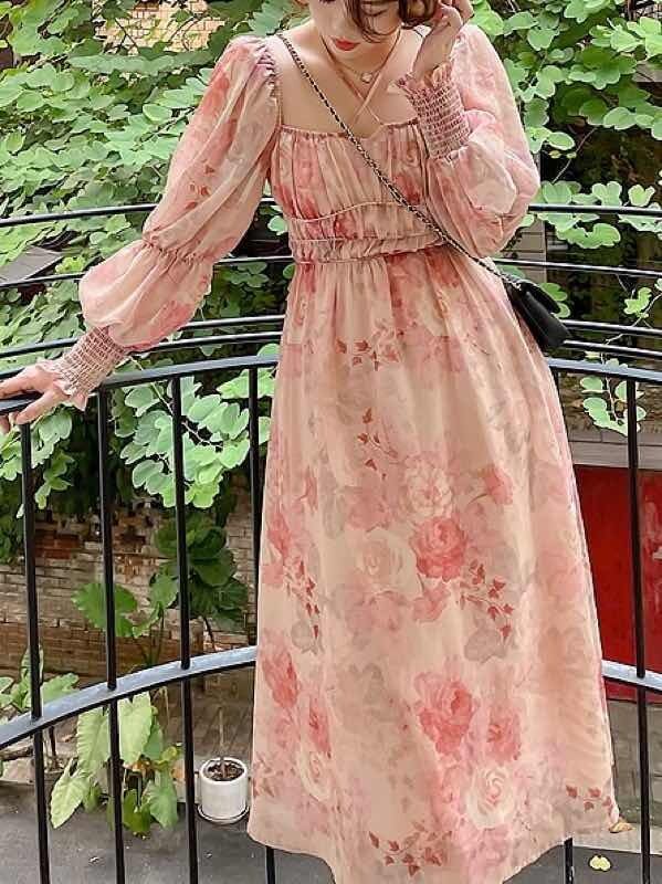 薔薇柄 フレアミディ丈ワンピース ピンク フェミニン 大人可愛い フォーマル 上品 大きいサイズ 韓国 Ch3964 Chulachula チュラチュラ 可愛い大きいサイズ韓国レディースファッション通販