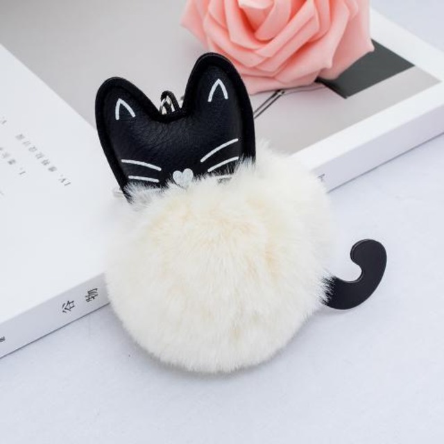 女性　ふわふわ猫　pompom　バニーキーホルダー　llavero　ポンポンチェーン　ウサギの毛皮のボール　haveiro sleutelhanger　ポンポンポールクレフ　SKU-IPA-2204-white