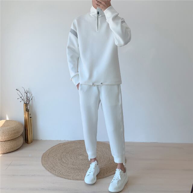 【予約販売】メンズ セットアップ 無地 シンプル ハイネック ハーフジップ ブラック/グレー/ホワイト スエット カジュアル モード きれいめ 男前 パンツ セット ジャージ ジム スポーティー ダンス ジム 韓国 トレンド 大きいサイズ M/L/XL