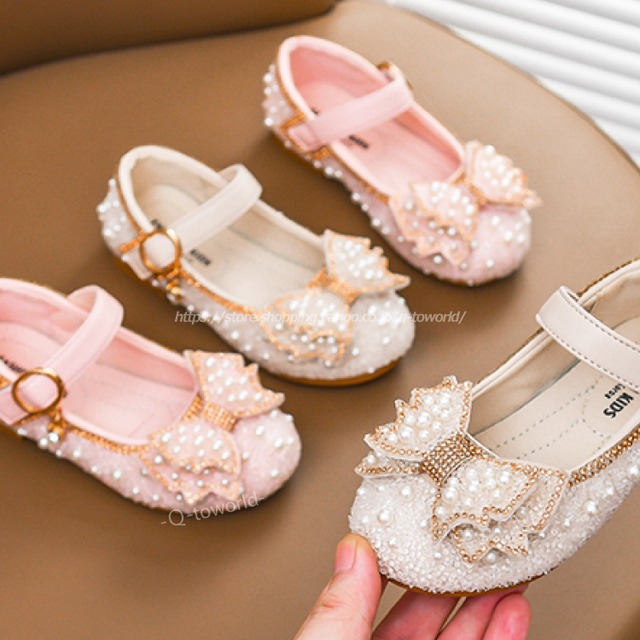 【16㎝-21㎝】子供靴　プリンセス靴　リボン　ビジュー　シューズ　　全2色　クリスタル　プリンセスシューズ　女の子