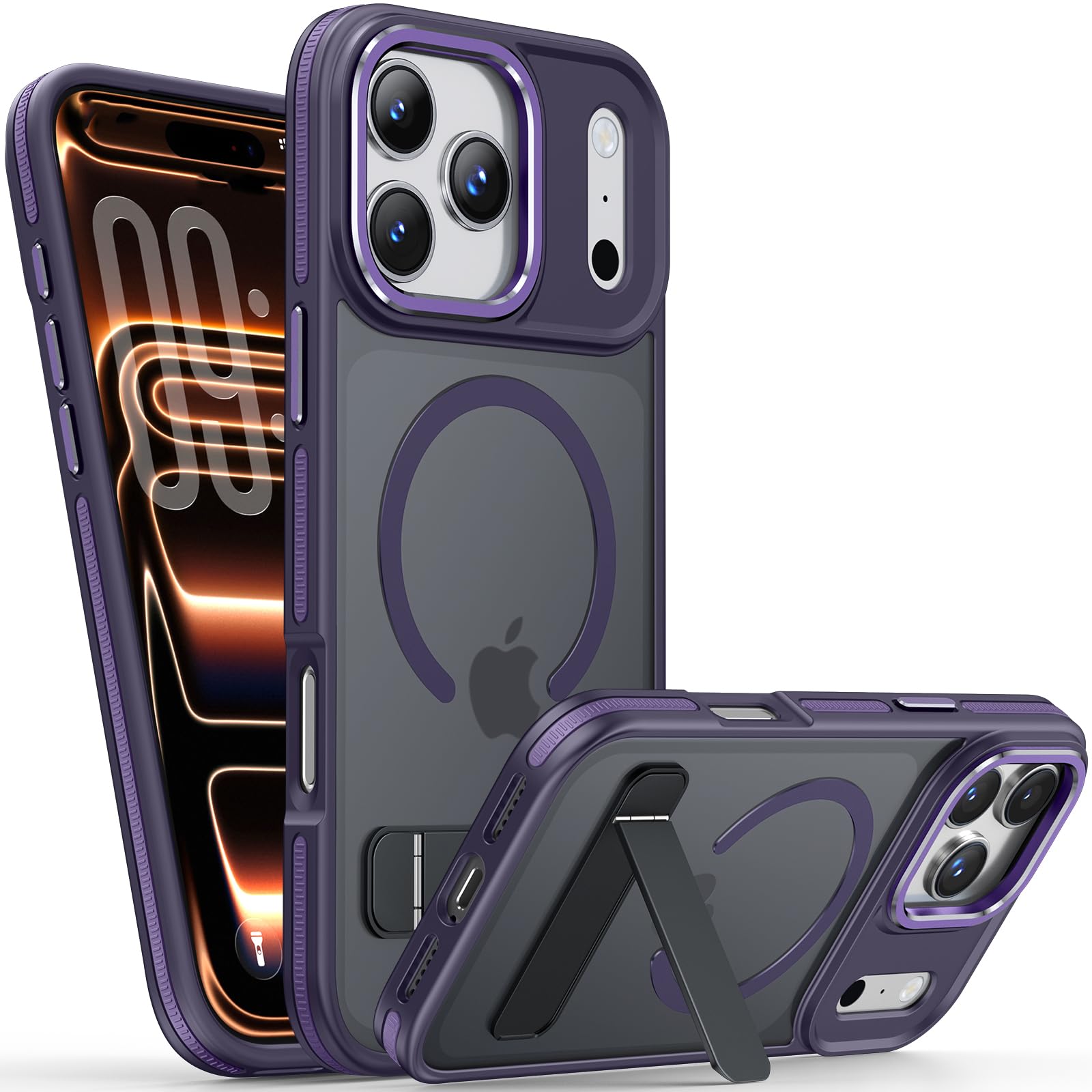 Misscase iPhone 18 Pro・iPhone 17 Pro 用ケース 隠しスタンド付き縦横調整可能 MagSafe 対応 軍用規格耐衝撃 耐摩耗性 長持ち エアガードコーナー 薄型マット質感 指紋防止・傷防止・滑り止め 保護バンパーカバー(パープル)