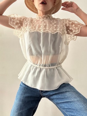 Dead Stock 60-70s Vintage Sheer Frill Lace Blouse