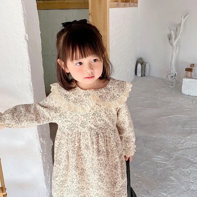 【取寄】レース襟花柄長袖ワンピース