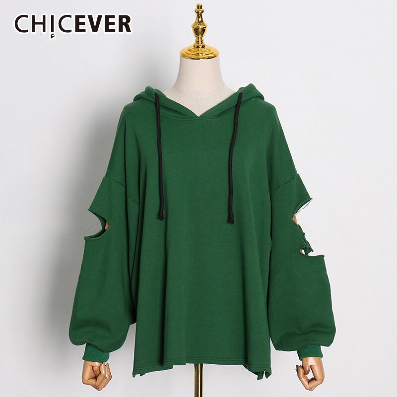 CHICEVERグリーンスウェットシャツ女性フード付き襟長袖中空アウトホールソリッドプルオーバー2021服 ロング ソリッドカラー 6base540493637215