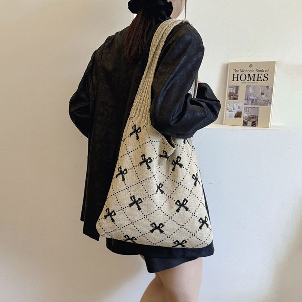 リボン柄 ニット トートバッグ レディース 韓国 大容量 大人 かわいい おしゃれ 通勤 通学 エコバッグ 折り畳み 軽量 A4 きれいめ カジュアル 大人可愛い 大人女子