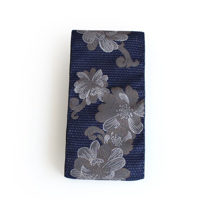 細帯 半幅帯 リバーシブル  日本製 4ｍ かわいい 両面使える 柔らかい 刺繍 青 花柄